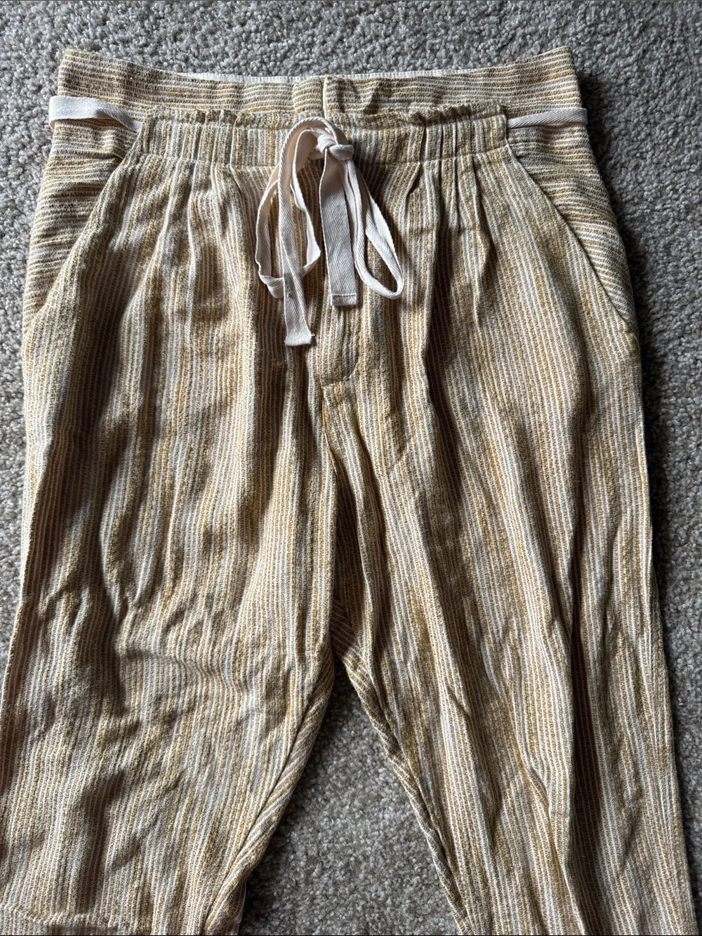 Free People Women's Beige Striped Linen Drawstring Jogger Pants Size 6
